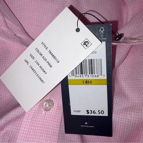 Tommy Hilfiger tiny check pink & white button down shirt 14 Husky NWT - Picture 4 of 6